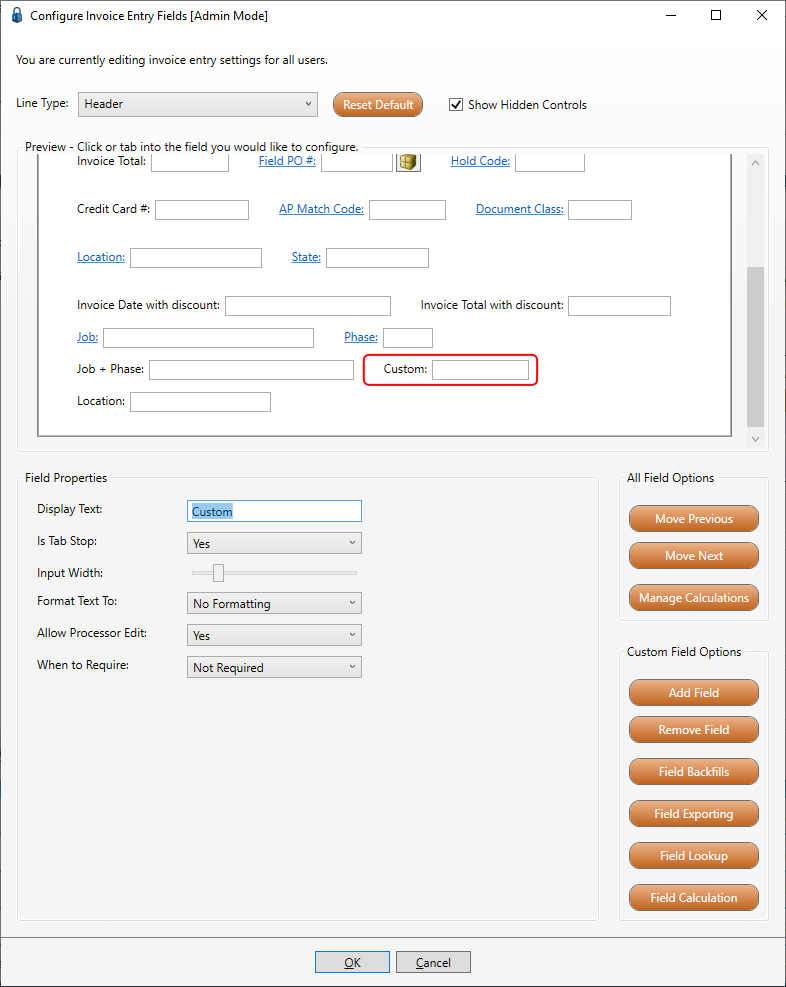 ConfigureInvoiceEntryFieldswindowNewCustomFielddisplays-mh