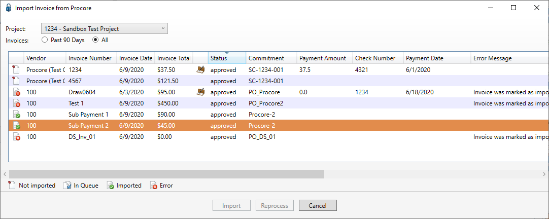 ProcoreImportInvoicefromProcorewindowinvoiceimported