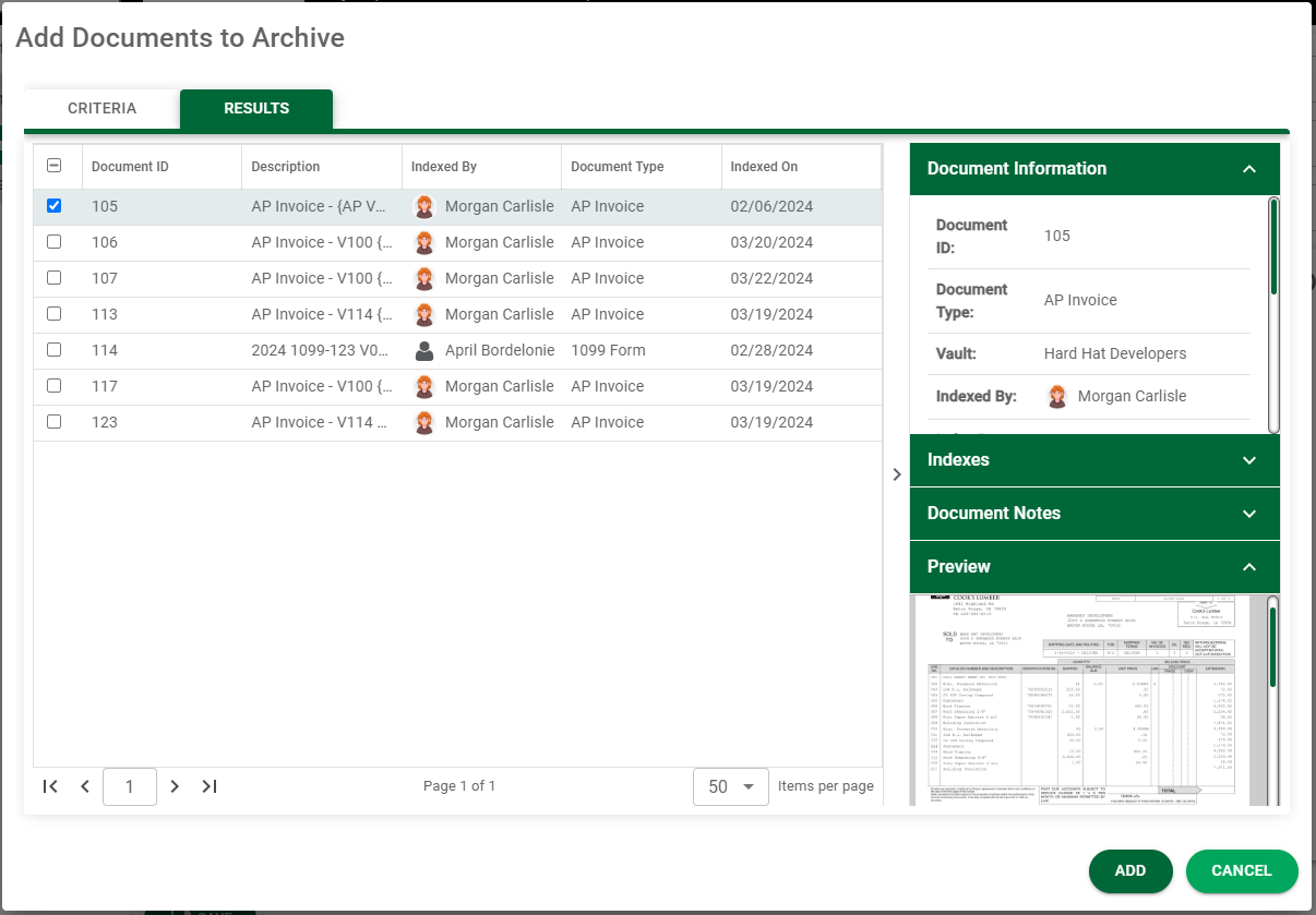 PVCVaultRetentionArchiveDocumentsNewArchiveCreateArchivepageAddDocumentstoArchivedialogResultstabcomplete-mh