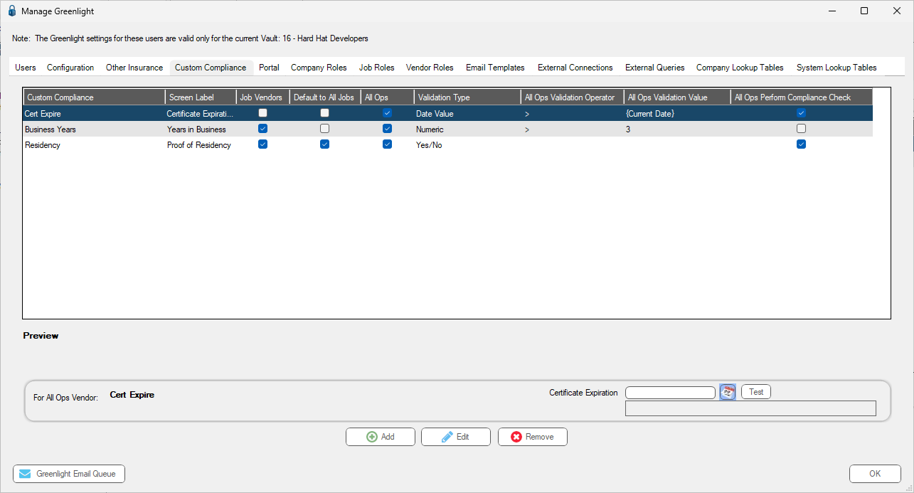 GreenlightManageGreenlightCustomCompliancetabPreviewDateValuevalidationpopulated-mh