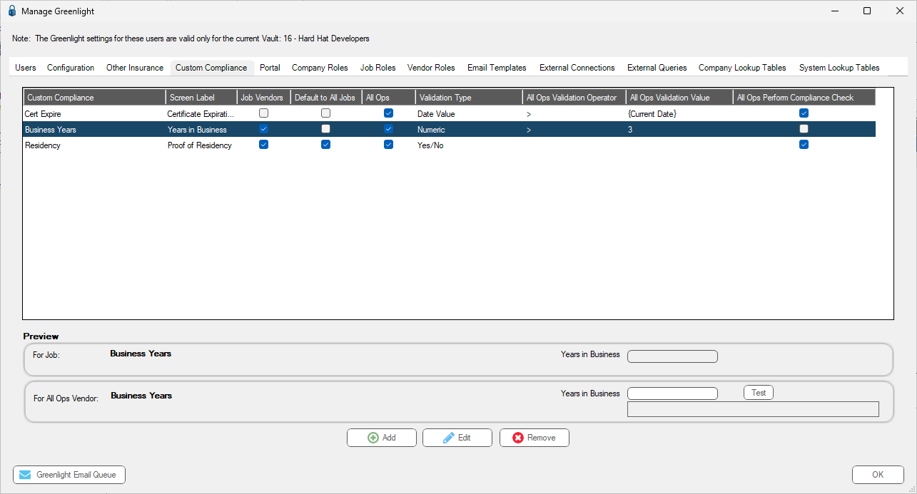 GreenlightManageGreenlightCustomCompliancetabPreviewNumericvalidationpopulated-mh