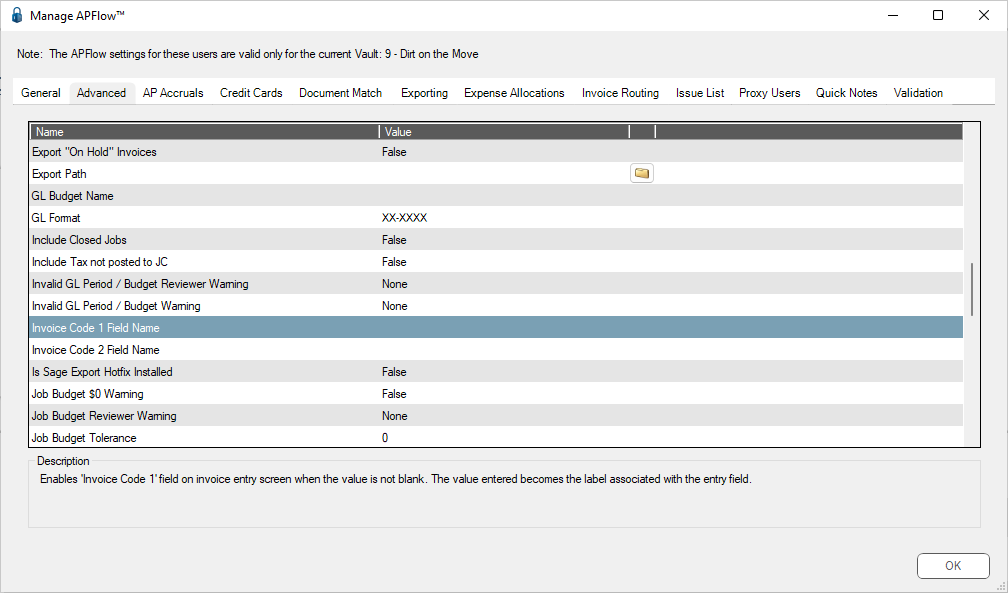 ManageAPFlowAdvancedtabSage300InvoiceCode1and2Fields-mh